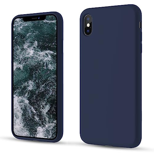 CALOOP Liquid Silicone Case Designed for iPhone Xs Max Case 6.5 inch, Full Body Protective Covered Silky-Soft Anti-Scratch Gel Rubber Slim Shockproof Cover with Microfiber Lining, Navy Blue