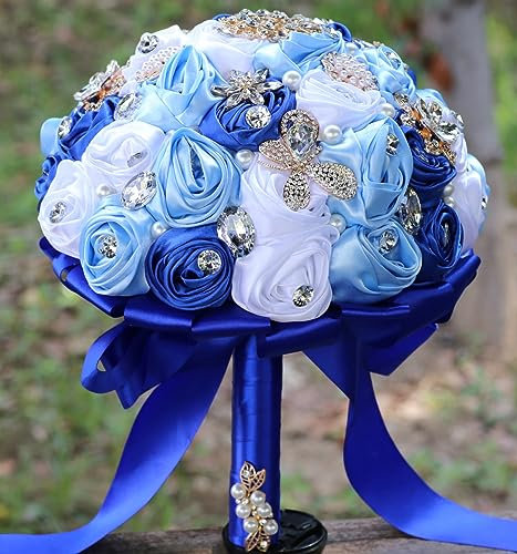 Sharebeauty Bouquet da sposa in raso fatto a mano, 22,1 cm, bouquet da sposa rotondo, bouquet di fiori artificiali, colore: blu reale + azzurro + bianco