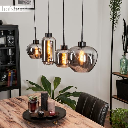 Hängeleuchte Talok, Hängelampe aus Metall/Glas in Schwarz/Rauchfarben, Leuchte im Vintage/Retro Design mit Schirmen aus Glas, 4-flammig, Höhe max. 120 cm, 4 x E27, ohne Leuchtmittel