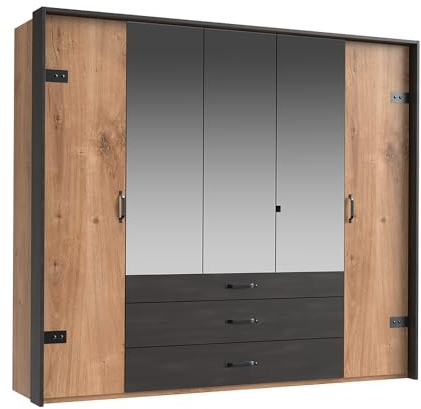 Lomadox Kleiderschrank Drehtürenschrank 5-TRG., 250 cm, mit Passepartout, Eiche mit Stahl Nb., Industrial Design