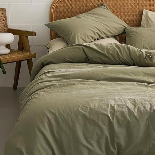 Michorinee Green Duvet Cover Set Double Bed Plain Olive Green Bedding Set Washed Microfiber Natural Wrinkles Look Breathable Quilt Cover Zipper Closure with 2 Pillowcases 50x75 cm
