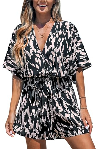 CUPSHE Damen Jumpsuit V-Ausschnitt Kurzarm Strampler Leopardenmuster Weites Bein Kurz Overall mit Gürtel Casual Lose Playsuit Schwarz XL
