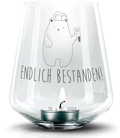 Mr. & Mrs. Panda Teelichthalter Bär Prüfung - Geschenk, Teddy, Abschluss, Gravur Teelicht, Prüfungen, Abschlusszeugnis, Romatisches Windlicht, Abitur, Zeugnis, Bestanden