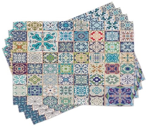 ABAKUHAUS marokkanisch Platzmatten 8 Stück, Floral Patchwork Design Mit Arabesque Figur Mediterrane Symbolische Artisan Arbeit, Waschbare Stoff Esszimmer Küche Tischdekorations, Blaue Eierschale