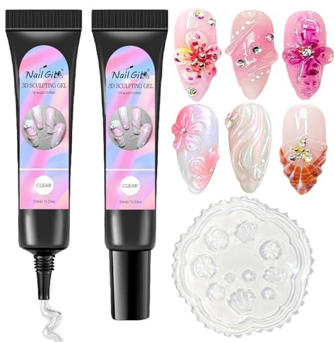NAILGIL 3D Gel - 2Pcs Sculpting Gel for Nail Art Design with Silicone Model, No Wipe Modeling Painting Drawing Carving Nail Tube Manicure Decoration