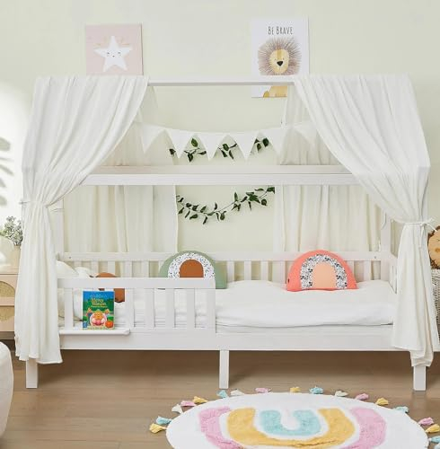ALAVYA HOME® Hausbett 80x160 mit Matratze und 3-TLG DEKO Set Weiß, inkl. Buchablage Rausfallschutz und Lattenrost | Massivholz der Buche FSC zertifizierter Kinderbett 80x160 für Mädchen