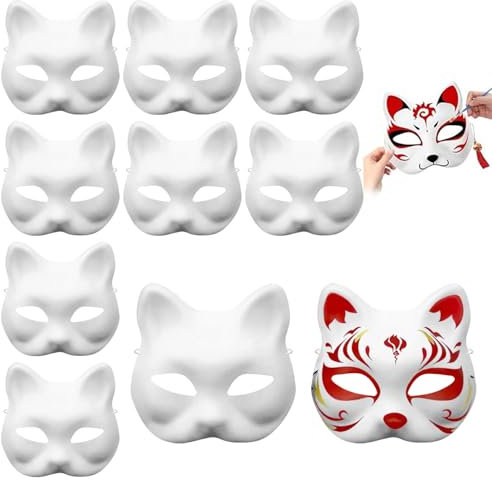 LXYYDS Lot de 10 Masque de Chat Therian Avec Sangle Élastique - Peint à la Main, Blanc Pour Adultes et Enfants - Loisirs Créatifs, Cosplay, Halloween
