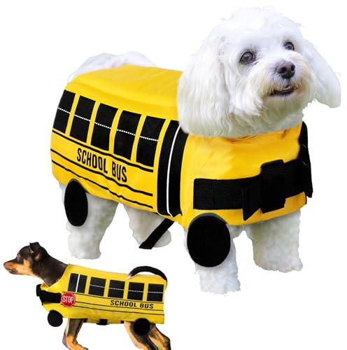 Halloween-Schulbus-Haustierkostüm, lustiges Hundekostüm, Gelb, Schulbus, Schwimmweste, Schwimmen, Bootfahren, Wasserschwimmweste, Halloween-Haustierkostüm, Anzug für Hunde, Cosplay-Zubehör für