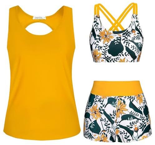 JASAMBAC Badeanzug Damen Bauchweg,3-Teiliger Tankini Damen, Push-Up-Bikinioberteil Und High Waist Badeshorts, Einfache Badebekleidung, Sport-Bikini BadeanzüGe, Bademode FüR Schwimmbad, Strand