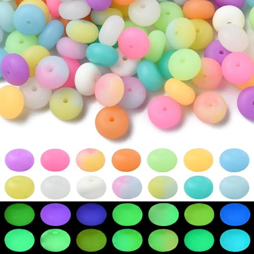 UR URLIFEHALL 100 Pcs Luminous Silicone Abacus Beads Flat Round Lentil Shaped Silicone Beads for Beadable Pens Jewellery Making Crafts Keychain