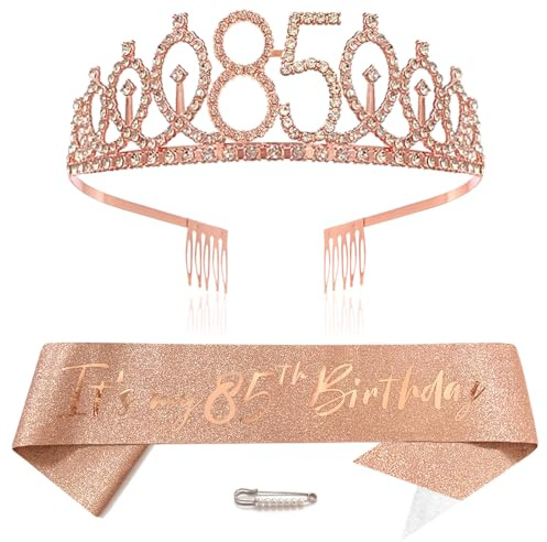 Roségold 85th Geburtstags Krone und Schärpe Mädchen 85. Geburtstag Deko Strass Geburtstag Tiara Prinzessin Krone Queen Tiara Geburtstagsschärpe Girls 85 Geburtstag Dekoration Party Kleidung Zubehör
