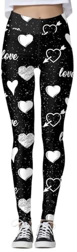 Leggings da donna alla moda per San Valentino Casual con stampa a cuore slim elastico pantaloni lunghi stivali da donna pantaloni alti, Nero , S