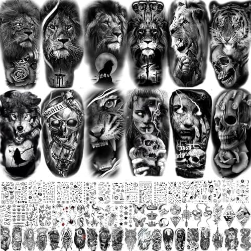 70 Blatt Schwarz Totenkopf Tiger Löwe Halloween temporäre Tattoos Damen Frauen Herren Männer Arm, Chicano Wolf Gangster Fake Tattoo Aufkleber Haut Wasserfest Klebetattoos Erwachsene Festival Must Have