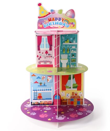 BOXOB Cartoon Dollhouse Cupcake Stand, 12.4x10.04 Inch 3-Tier Pink Cup Cake Holder Stand Dessert Tower Stand Cupcake Displays Decoration for Wedding Cat Doll Theme Birthday Party Supplies