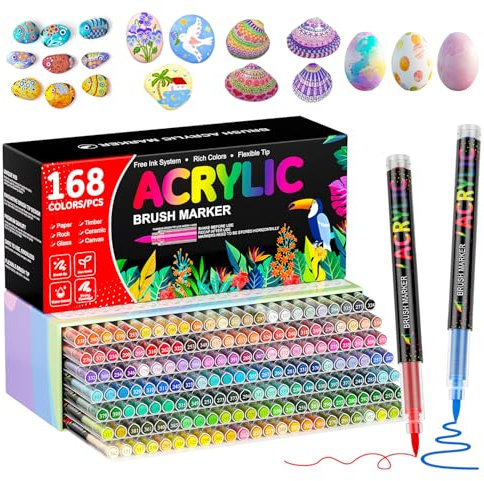 TrendGate 168 Colores Rotuladores Acrilicos Permanentes, Rotuladores de Pintura Acrílica Pincel para Pintar Piedras, Tela, Cerámica, Vidrio, Madera, Metal
