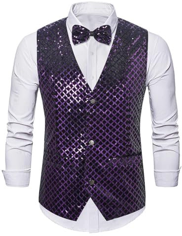 RUMAOZIA Gilet de costume brillant à paillettes - Gilet pour homme - Coupe ajustée - Col en V - Paillettes - Gilet de smoking pour homme - Pour mariage, scène de bal de promo, disco - Sans manches