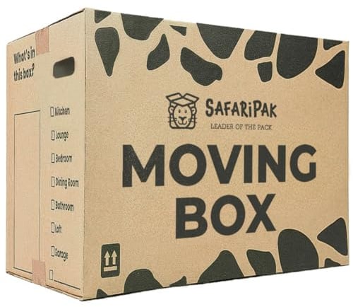 SAFARIPAK - 10 Pack Strong Large 52cm x 30cm x 30cm Reusable Cardboard Storage Packing Moving House Boxes with Carry Handles and Room List Checkboxes - 47 Litres Capacity
