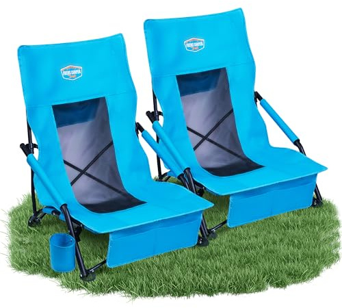 Fuchs Camper Strandstuhl klappbar leicht – Niedriger Campingstuhl mit hoher Rückenlehne – Faltbarer Outdoor-Stuhl mit Getränkehalter & Taschen – Bis 180 kg belastbar – Blau (2er Set)
