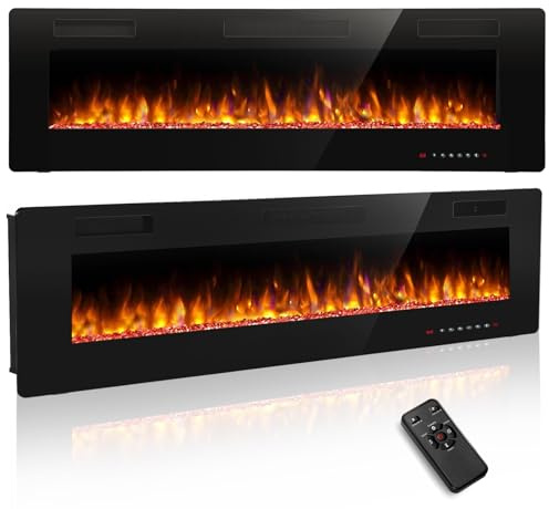 R.W.FLAME 60 Media Wall Electric Fireplace, Ultra-Thin Recessed & Wall Mounted Fire with 12 Colors Flame Effect, 5 Speeds, 1000/2000W Heater, Remote Control for Living Room