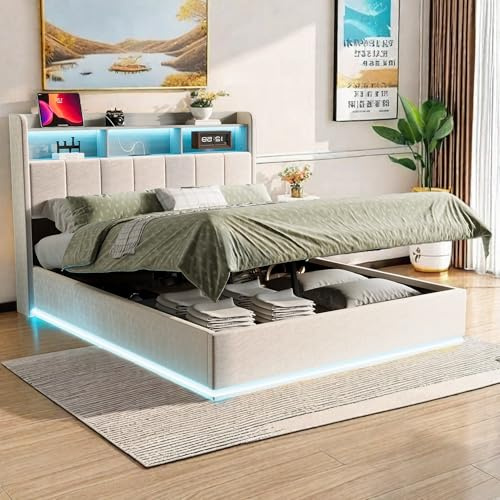 OLIVIBED Polsterbett 140x200, Doppelbett mit Stauraum-Kopfteil, Hydraulischbett mit Offene Fächer und Lattenrost, Jugendbett für Erwachseneund Jugendliche, Ohne Matratze, Weiß