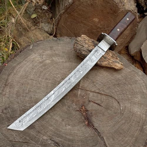 Unique Blades Jagdmesser Im Katana-stil Aus Damaszenerstahl, 20 Zoll Lange Klinge Mit Durchgehendem Erl Und Blutrinne, Holzgriff, Lederscheide, Camping- Und Überlebensmesser