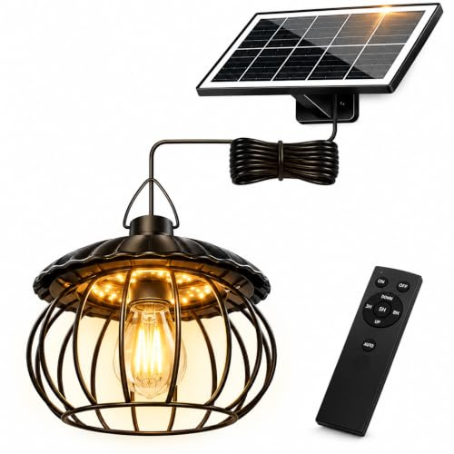 ChunHee Solar Hängelampe für Schuppen, Garage und Pavillon IP65 | 4400 mAh Warmes 3000K-Licht ohne feste Verkabelung Außenbereiche mit flexiblem Solarpanel 3 m Kabel [Energieklasse A]
