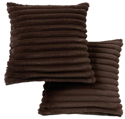 OHS Cushion Covers 45 x 45 Set of 2 Thick Ribbed Faux Fur Decorative Square Throw Pillow Cover with Invisible Zipper Sofa Cushion Covers Home Decor for Living Room Bedroom, Chocolate