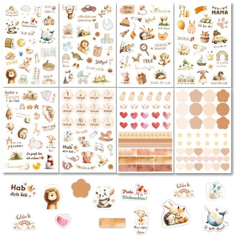 BSITSSS 16 Blätter Sticker Babyparty,422Stück Aufkleber Scrapbook Babyalbum | Stickers Fotoalbum Baby,Liebliche Dschungeltiere Scrapbook Sticker,Aufkleber Babyalbum für Scrapbooking Babyshowerparty Taufe