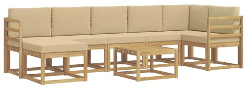 vidaXL Outdoor-Sofagarnitur mit Kissen 8 pcs Weiß und Beige Polyester, Modernes Garten-Sofa-Set, Flexible Sitzgelegenheiten, Akazienholz, Lounge für Poolbereich, schnell zusammengebaut