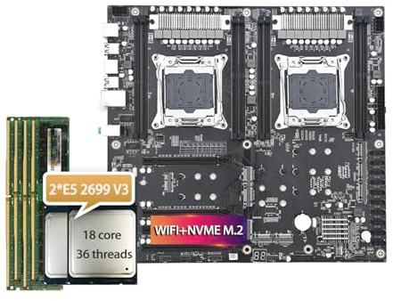 Carte mère Kit Carte mère Double Fit for X99 D4 avec 2 processeurs Intel Core i5-2699 V3 et 4 Barrettes de 32 Go (128 Go) RAM DDR4 ECC REG 2133 MHz, Compatible Les Kits LGA 2011-3 V3/V4