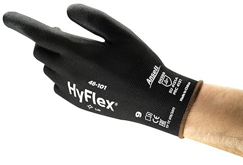 Ansell HyFlex 48-101 Gants de Travail Ultrafins, Nylon Extensible avec Enduction Polyuréthane, Protection Multiusage Haute Précision, Bricolage et Mécanique, Noir, Taille S (12 Paires)