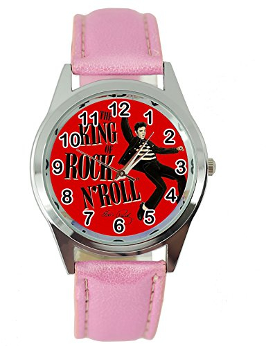 taport® Elvis Presley Music Legend Bergkristall rund Armbanduhr Pink Echt Leder Band E6 + Gratis Ersatz Batterie + Gratis Geschenkverpackung