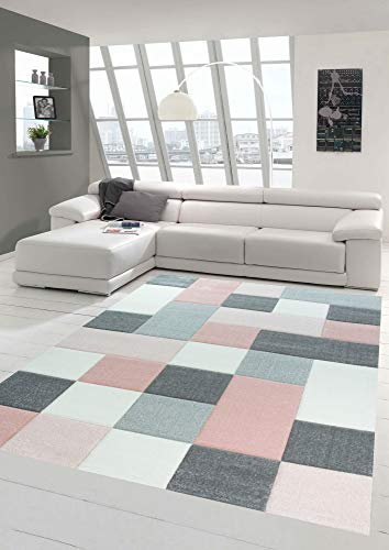 Designer und Moderner Teppich mit Karo Muster in Rosa Grau Creme Größe 140x200 cm