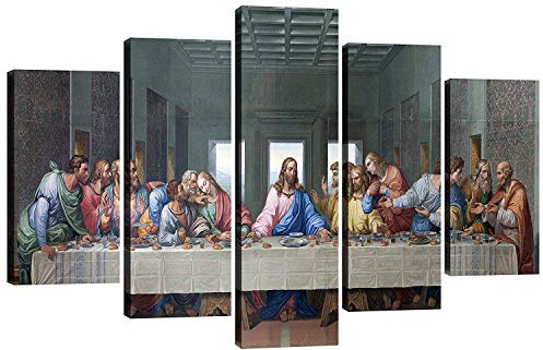 Fu-Keivy Leinwandbild für Wohnzimmer Jesus letzte Abendmahl, 5-teiliges Leinwandbild für Esszimmer, Schlafzimmer, Wandbilder, Heimdekoration, Giclée-Holzrahmen, Galerie, fertig zum Aufhängen