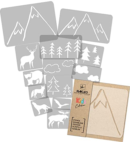 NAKLEO Wiederverwendbare Kunststoff Schablonen Malen Kinder, 14 Stück Set 9x12 bis 23x34cm Berge Wälder, Kinderzimmer Malvorlage Raumdekoration, Basteln DIY Wand Möbel
