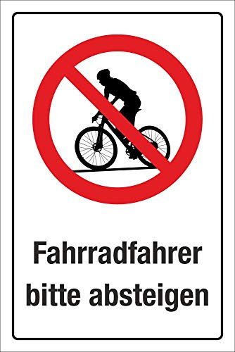 Schild Fahrradfahrer Bitte absteigen 450 x 300 mm | 3 mm Alu-Verbund, wetterfester UV-Direktdruck, robust und langlebig, Made in Germany
