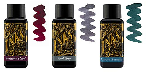 Diamine Fountain Pen Ink 30ml - Writer's Blood, Earl Grey, Aurora Borealis - 3 x Bottles