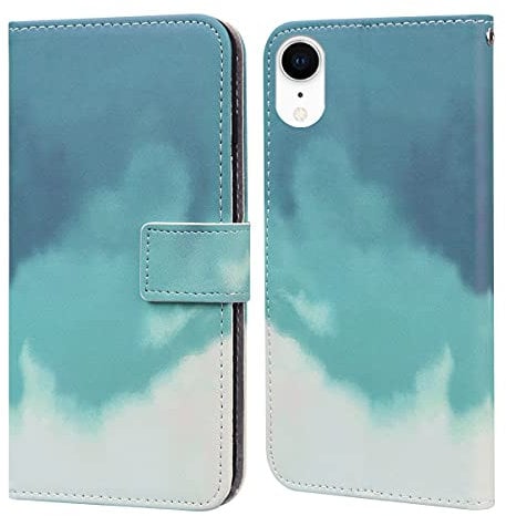 Flip phone case for Iphone XR PU Leather Wallet Card Slots Flip Case Watercolor Gradient Ramp Graffiti Art Printing with Stand Function Magnetic Protective Cover (Green Beige)