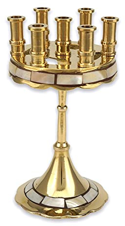 Orthodoxer Kerzenhalter - 7 Kerzen Messing Kandelaber mit Perlmutt-Inlay, Heim Ikone Altar, Gebetsecke, Höhe 15,0 cm