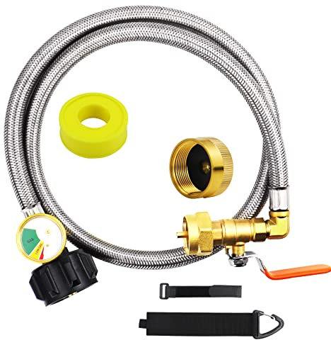 Lapert Tuyau adaptateur de recharge de propane amélioré de 91,4 cm avec jauge et valve de contrôle marche/arrêt, pour réservoir de gaz propane de 0,5 kg, 350 psi, haute pression de camping (entrée