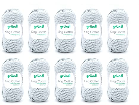 Gründl Wolle King Cotton - dicke Wolle zum Stricken - Strickgarn - Häkelgarn - weich und hautfreundlich - 55 % Polyacryl, 45 % Baumwolle - 10 Knäuel 50 g / 78 m - Nadelstärke 6-7 - hellgrau