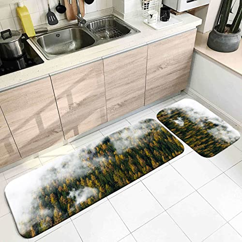 Banemi Niederflor Teppich, Teppich Küche Läufer Weiß Grün Wolkenbaum 60X90cm+60X180cm Heimtextilien