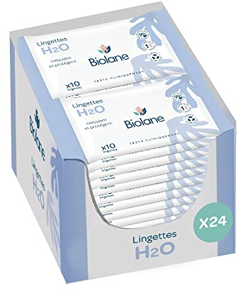 BIOLANE - Lingettes bebe H2O à l'eau - Pocket - Bébé - Lot de 24x10 (240 lingettes) - Peaux sensibles - Nettoie et protège, le visage et le siège - Fabriqué en France