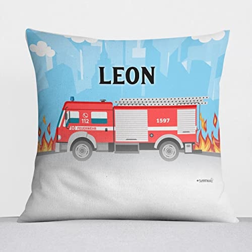 Sunnywall® Kissen mit niedlichen Motiv für Kinderzimmer Babyzimmer Kuschelkissen Tiermotive individuell personalisiert 40 x 40 cm (40 x 40 cm, Feuerwehr)
