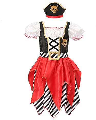 Raberto Kinder Pirate Kostüm - Mädchen Pirate Prinzessin Kleid mit Hut - Rollenspiel Kostüm für Kinder 7-8 Jahre