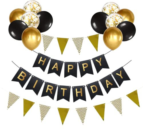 Happy Birthday Banner 12 inch Happy Birthday Balloons Birthday Bunting Decorations for Birthday Party Decorations (Black Gold)