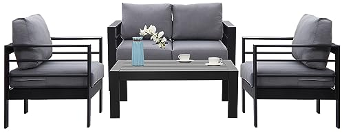 Gartenmöbel Set Aluminium Metall Modern Lounge-Set für 4 Personen, Garten Sitzgruppe Wetterfest mit Sofa Sessel Kaffetisch Olefin Kissen (Schwarz+Kissen Dunkelgrau, 4 Personen)