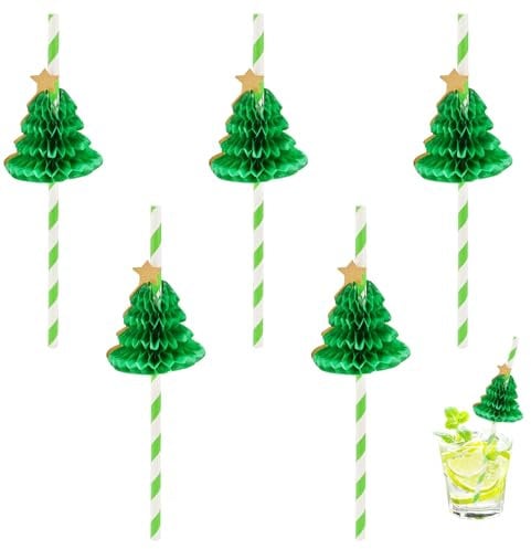30 Pcs Christmas Paper Straws 3D Honeycomb Xmas Tree Paper Straws Christmas Party Drink Decorations Biodegradable Christmas Cocktail Straws for Christmas Party Decorations Supplies