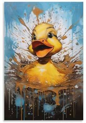 FOCCAR Aquarell Ente Gemälde auf Leinwand Wandkunst Gelbe Tiere Cartoon Landschaft Leinwand Drucke Poster Wanddekoration für Heimdekorationen