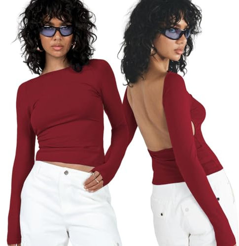 Arkim Backless Top Langarmshirts Damen Long Sleeve Y2k Top Basic Crop Tops Y2K Rückenfreies Oberteil Sexy Y2k Shirt Stil Strassenmode Neu Longsleeve Damen(Burgund,S)